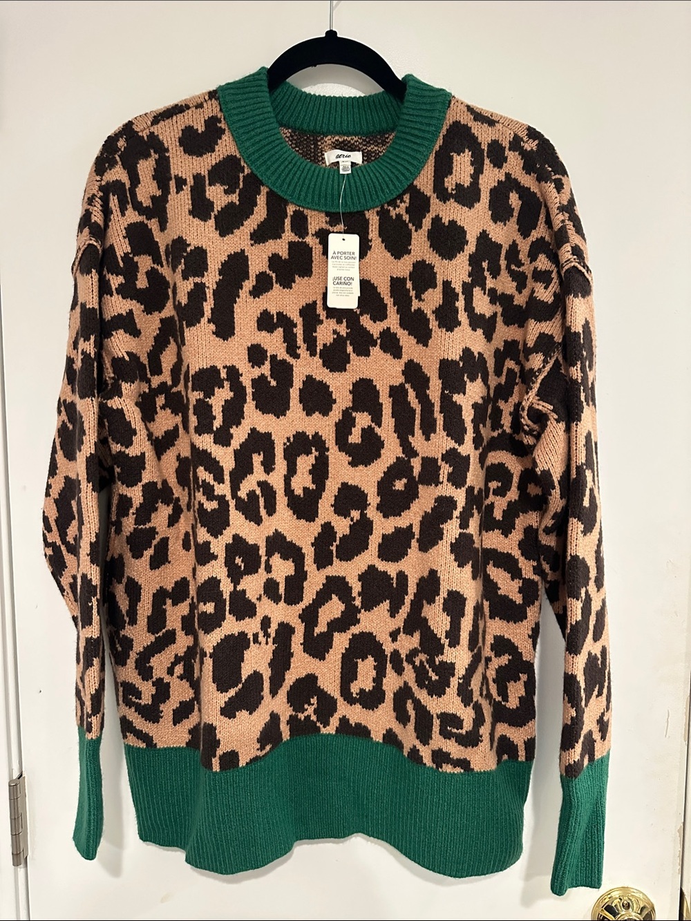 Aerie AE Leopard Print Oversized Sweater w/ Green Trim, size S